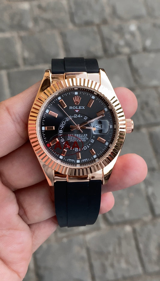 Rose Gold Black Dial Rol__ex Sky Dweller Watch For Men
