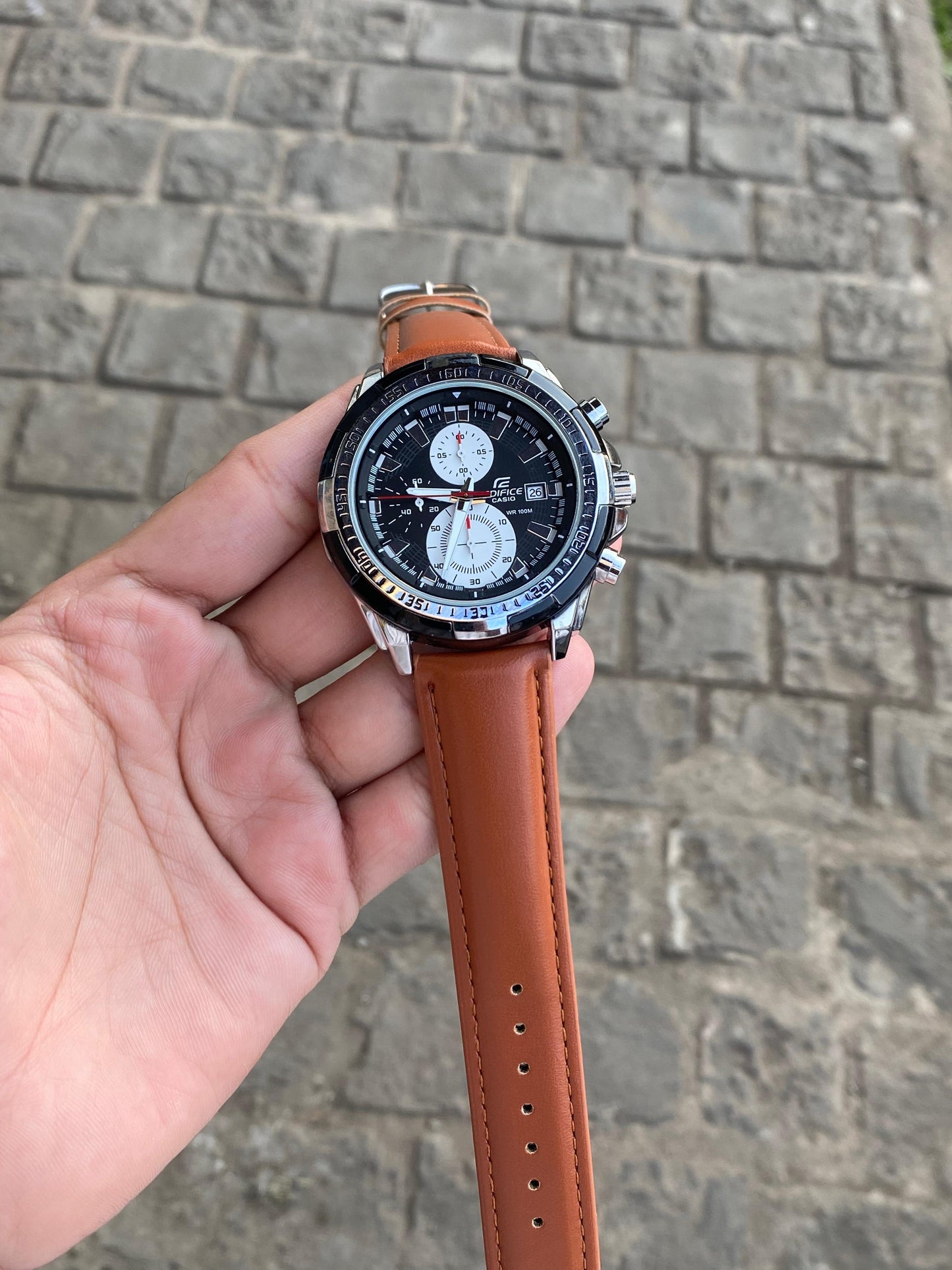 Brown Belt Black Dail Analog Watch For Men (Ed-01)