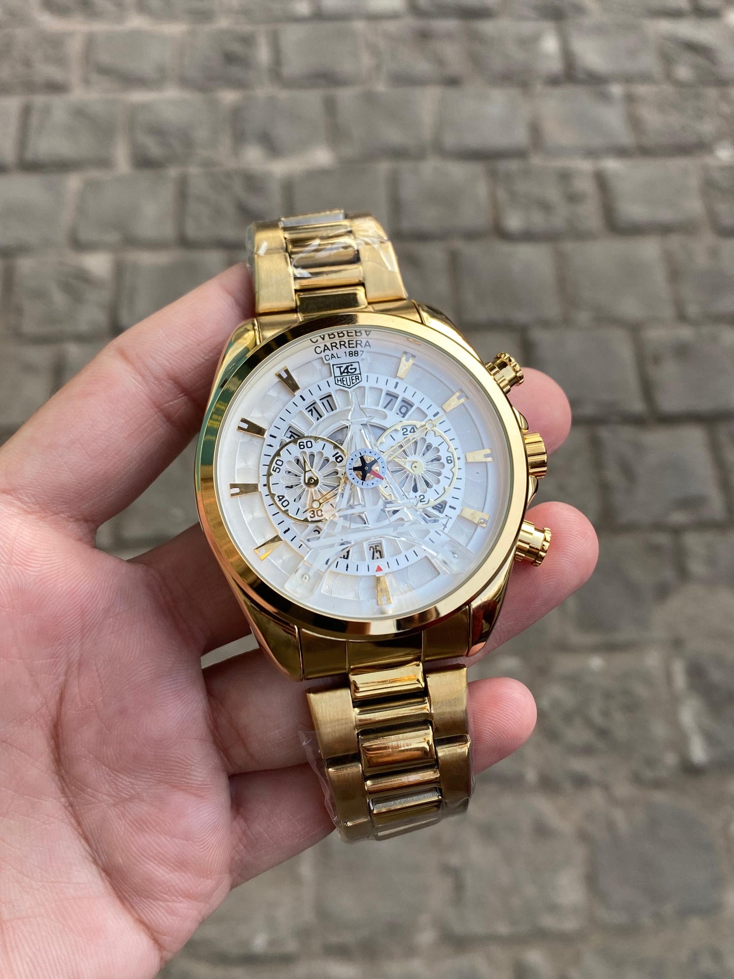 Gold White Dial Date Chronograph stainless steel Analog Watch For Men