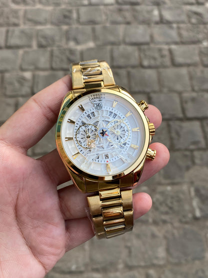 Gold White Dial Date Chronograph stainless steel Analog Watch For Men