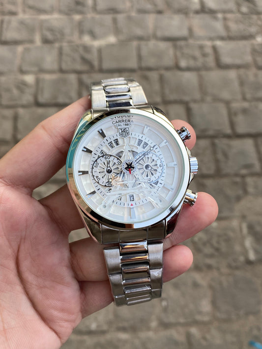 Silver White Paris Round Dial Date Chronograph Analog Watch For Men