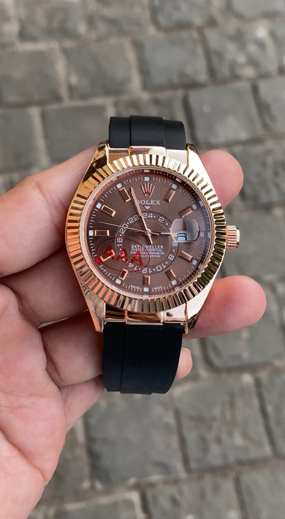 Gold White Dial Rol__ex Sky Dweller Watch For Men