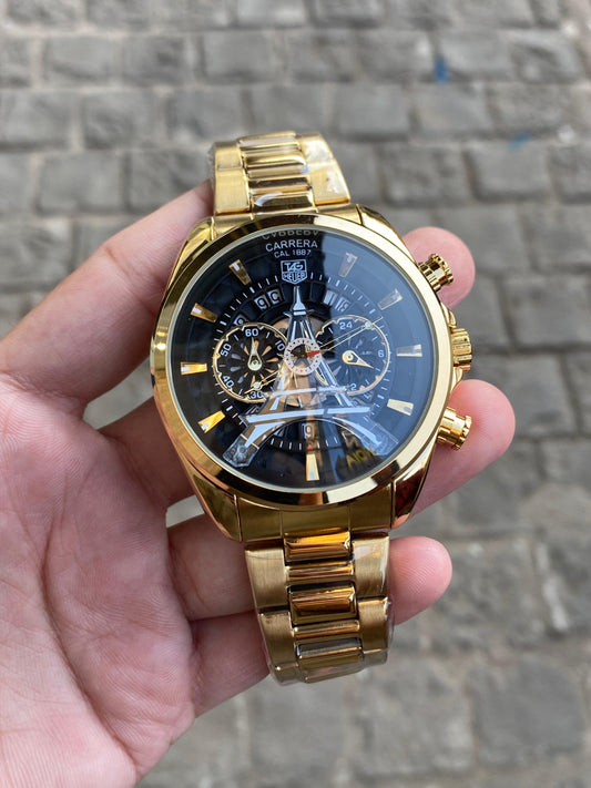 Gold Black Round Paris Dial Date ChronographAnalog Watch For Men