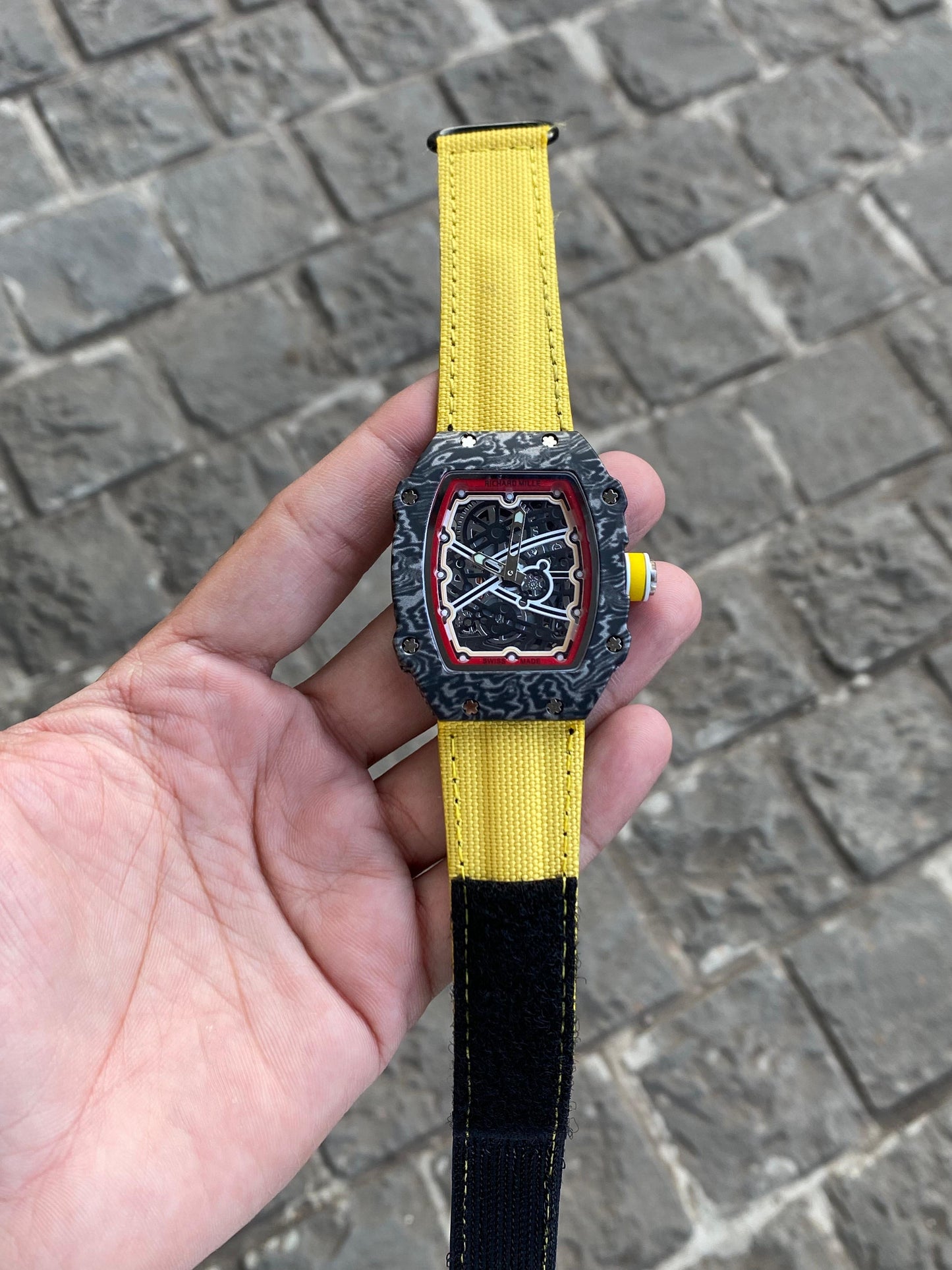Designer Yellow Belt And Crazy Black Dial Watch For Men