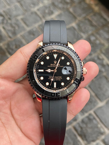 Black And Rose Gold Case Silicon Strap Yatch Master Watch For Men