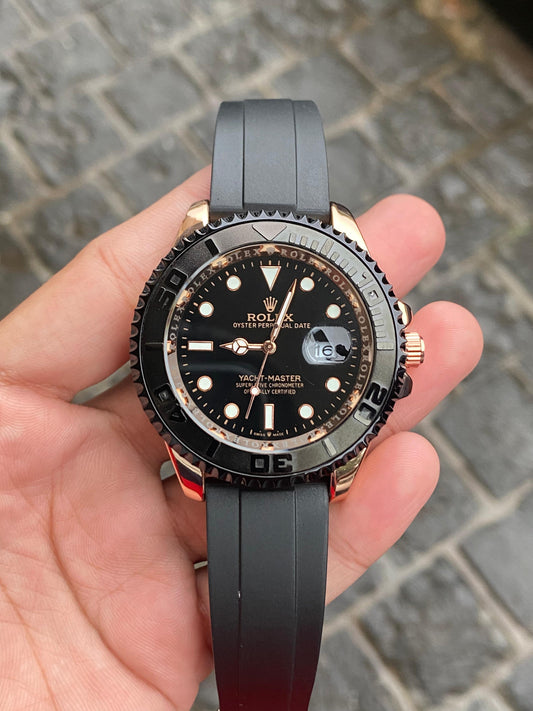 Black And Rose Gold Case Silicon Strap Yatch Master Watch For Men