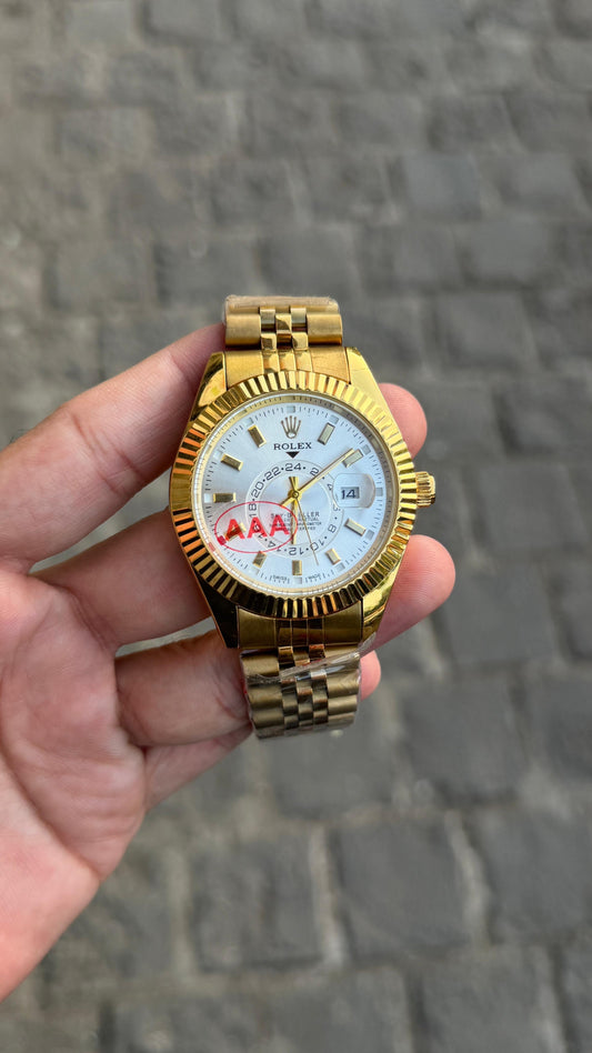 Gold White Sky Dweller Analog Dial Dual Tone Stainless Steel Luxurious Watch For Men