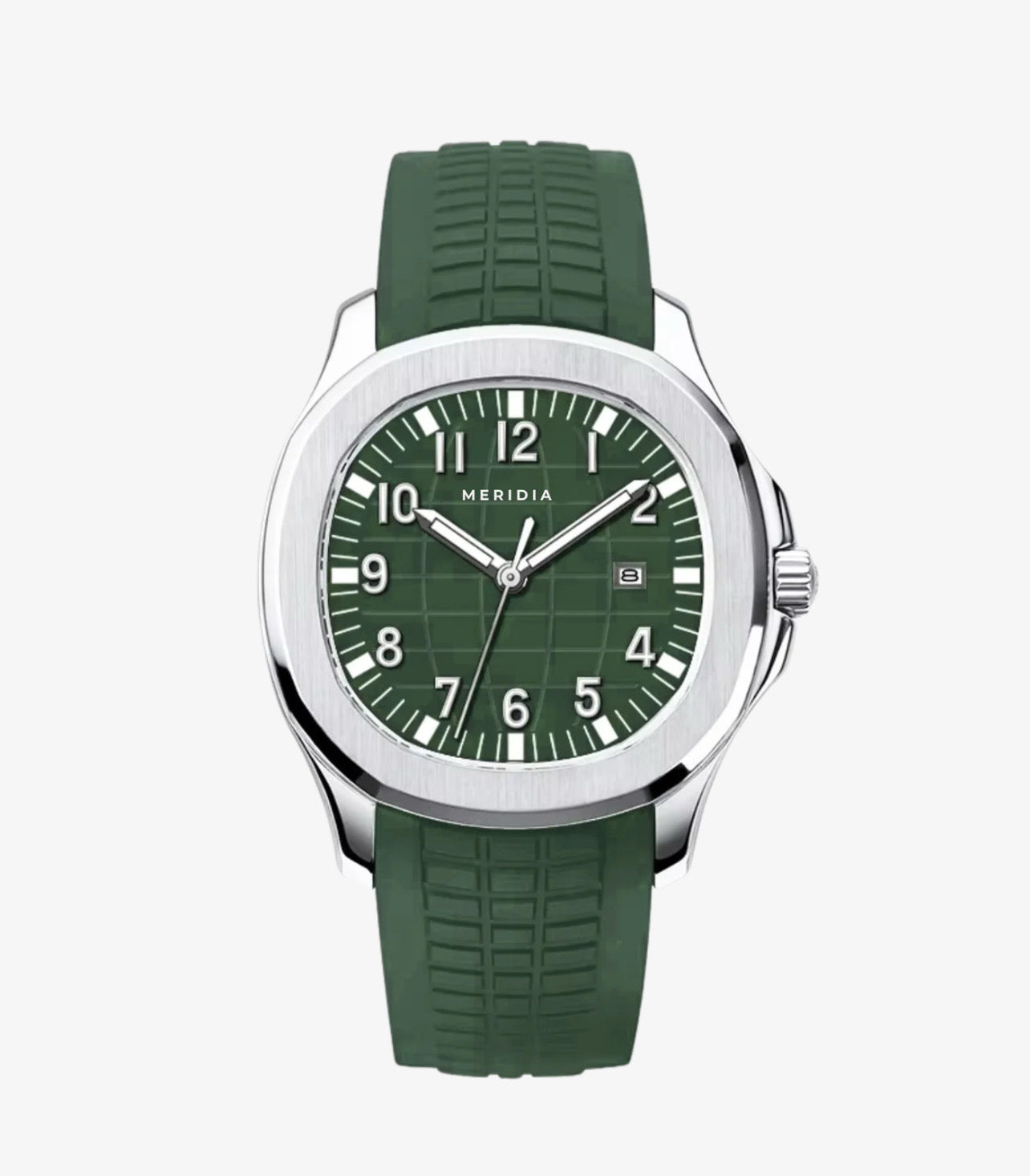 Silver Green Silicone Plated Round Dial Date Analog Watch For Men