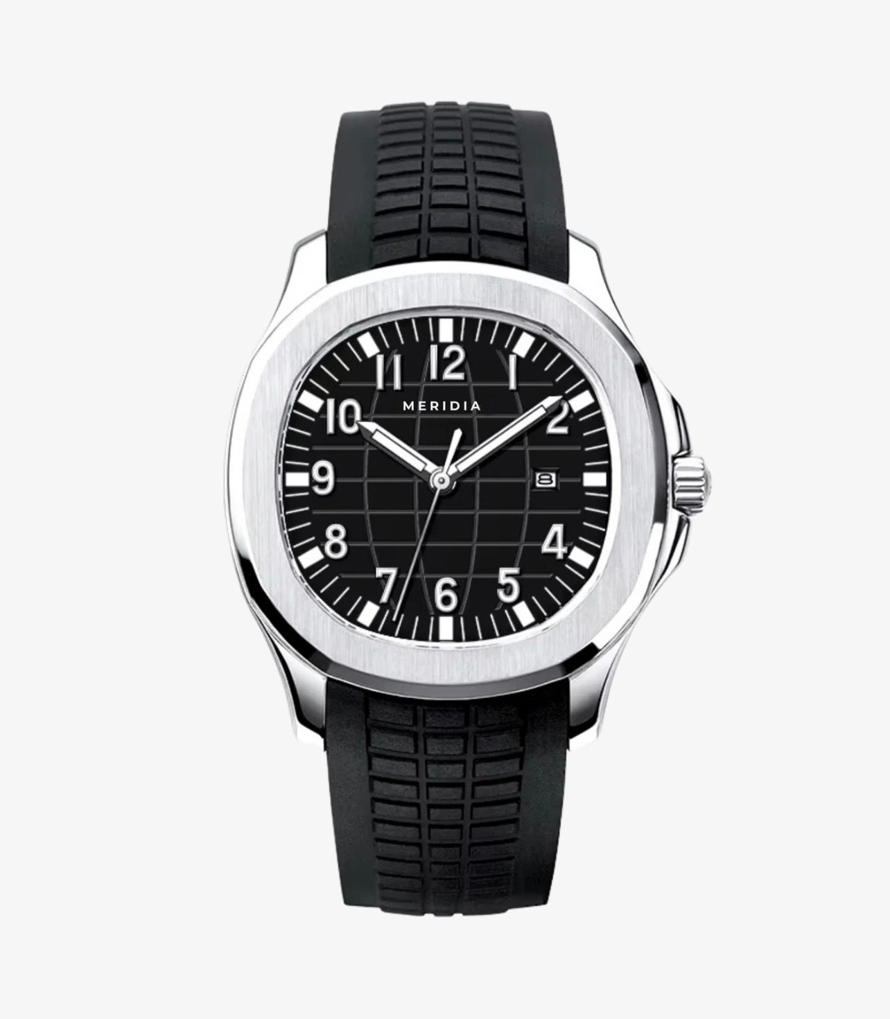 Silver Silicone Black Plated Round Date Display Analog Watch For Men