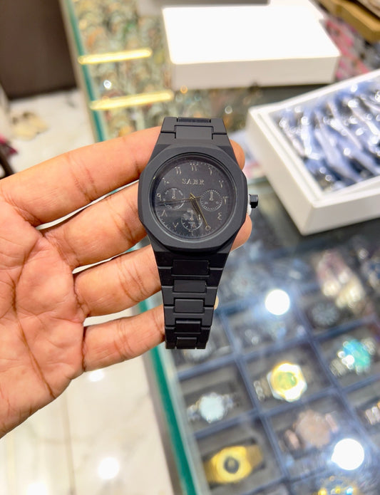 Full Black Plated Round Arbi Diamond Dial Day Date Analog Watch For Men