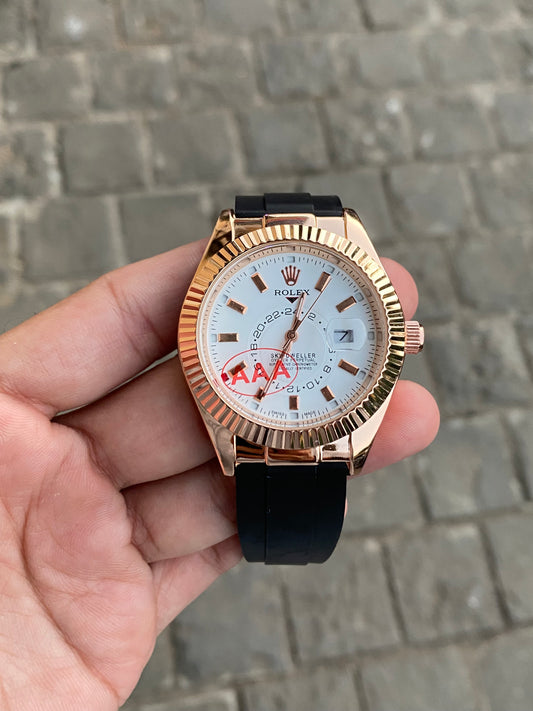 Rose Gold White Dial Rol__ex Sky Dweller Watch For Men