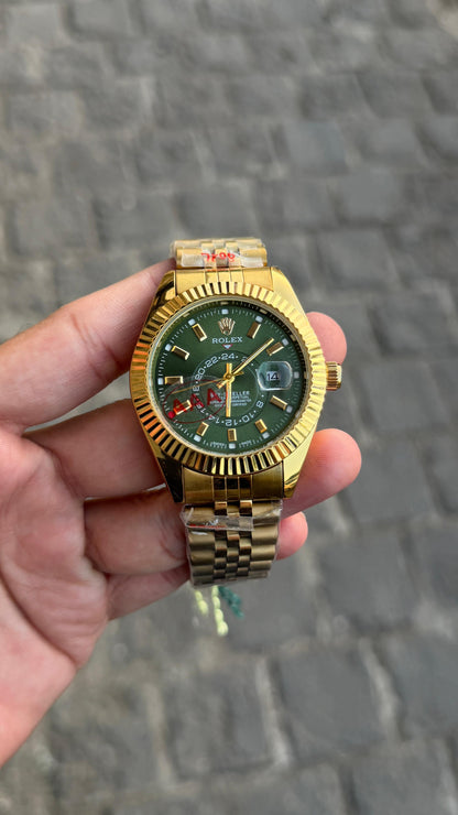 Gold Green Sky Dweller Analog Dial Dual Tone Stainless Steel Luxurious Watch For Men