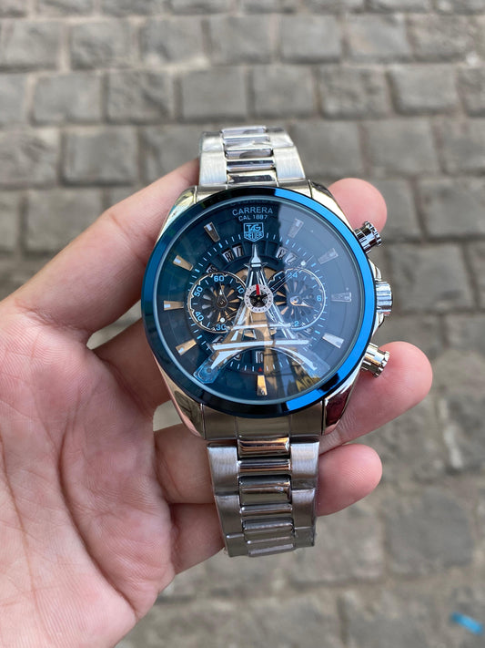 Blue Silver Plated Paris Round Dial Date Analog Watch For Men