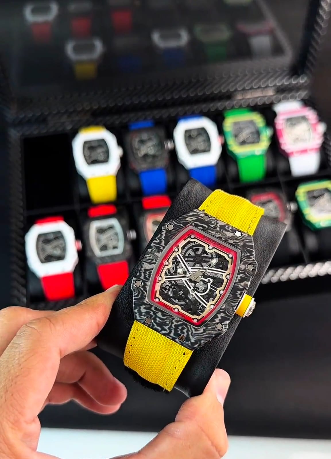 Designer Yellow Belt And Crazy Black Dial Watch For Men