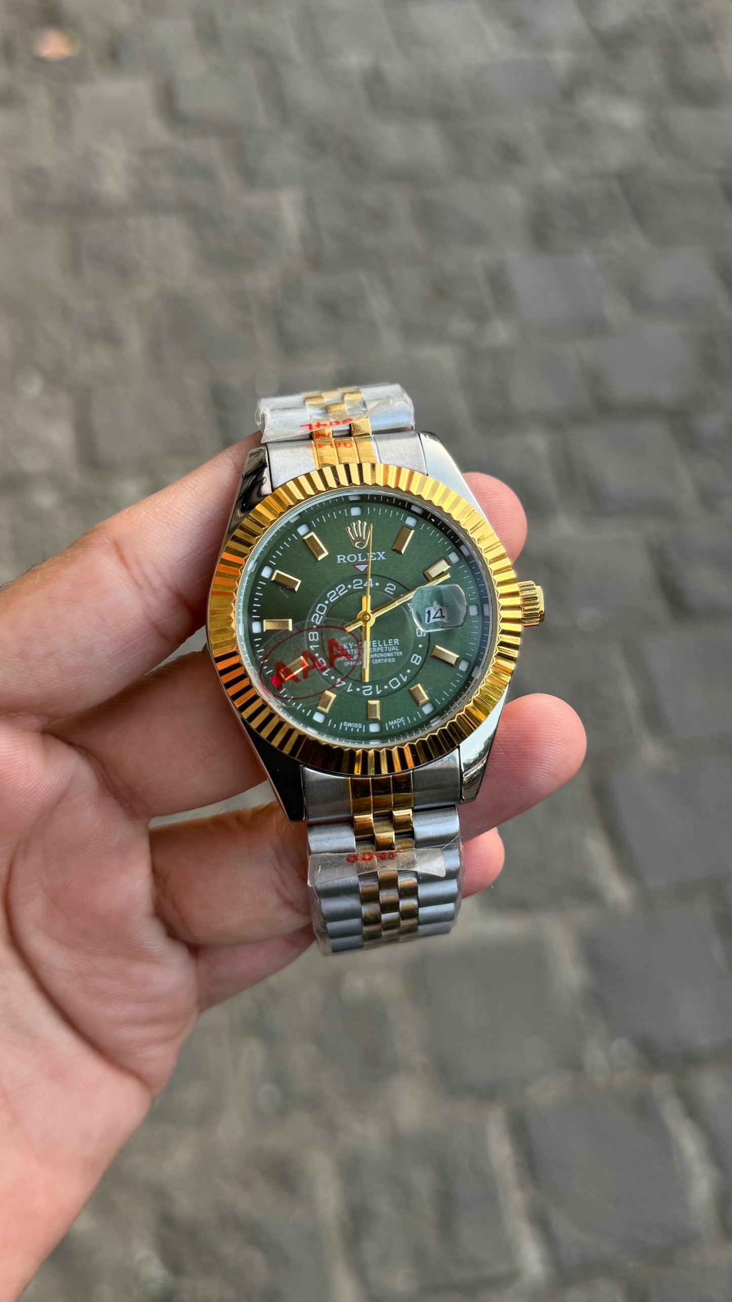 Tuton Gold Green Sky Dweller Analog Dial Dual Tone Stainless Steel Luxurious Watch For Men