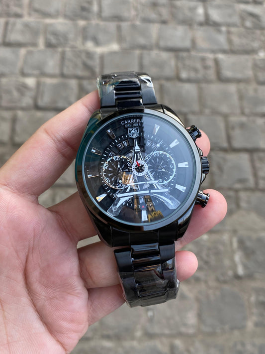 Black Plated Round Paris Dial Chronograph Design Analog Watch For Men