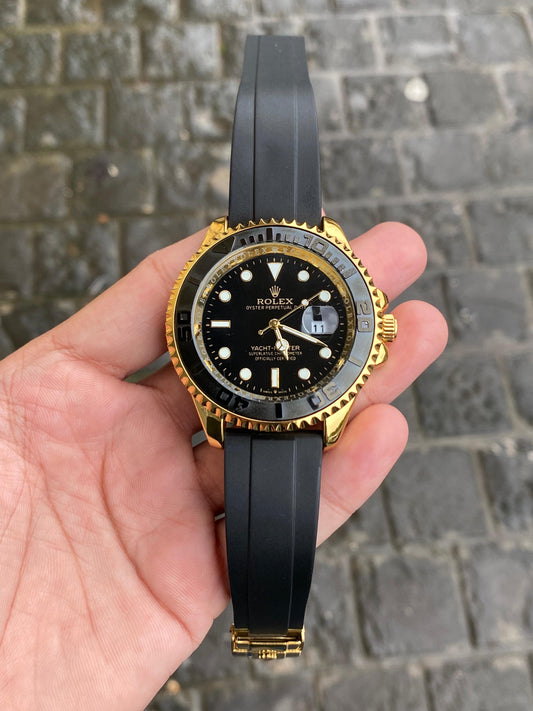 Black And Gold Case Silicon Strap Yatch Master Watch For Men
