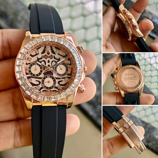 Black And rose Gold Case Silicon Strap Tiger Eye Watch For Men