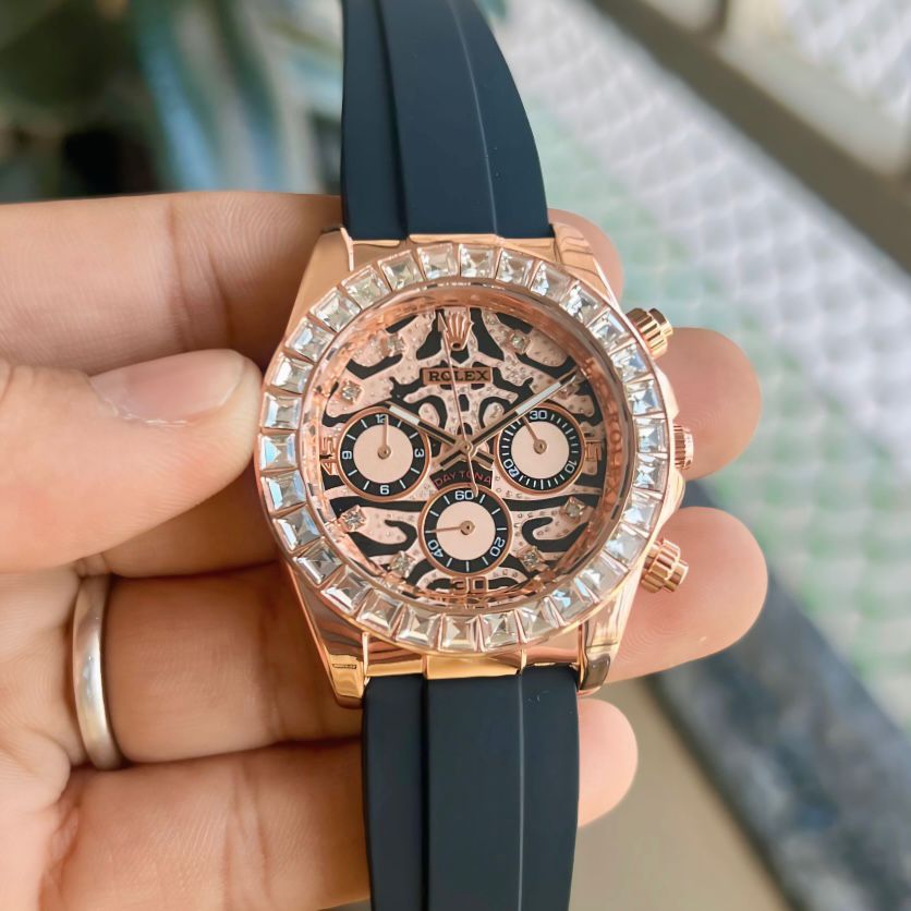 Black And rose Gold Case Silicon Strap Tiger Eye Watch For Men