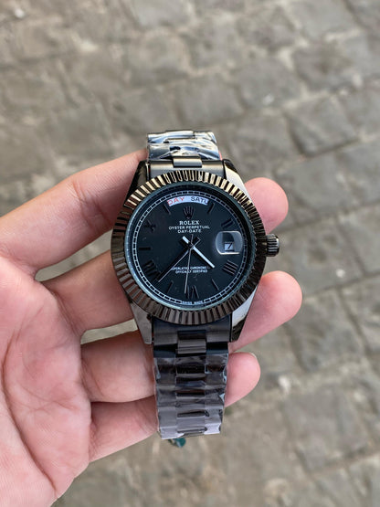 Black Case Premium Stainless Steel Day Date Watch For Men