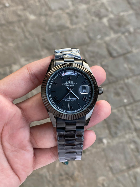 Black Case Premium Stainless Steel Day Date Watch For Men