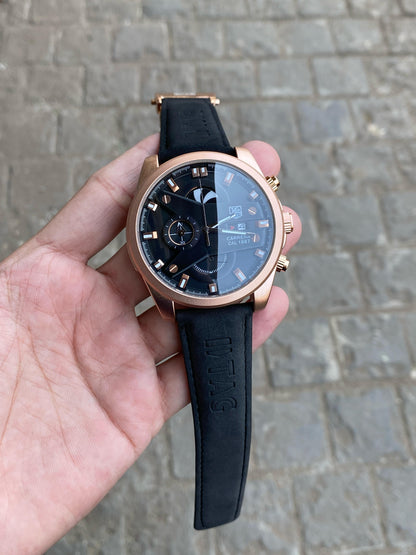 Black  Rose Gold Case Premium Leather Strap CR7 Watch For Men