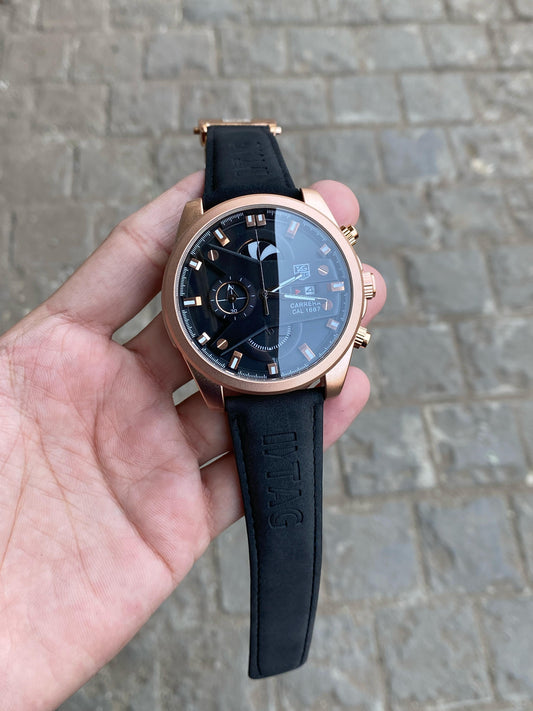 Black  Rose Gold Case Premium Leather Strap CR7 Watch For Men