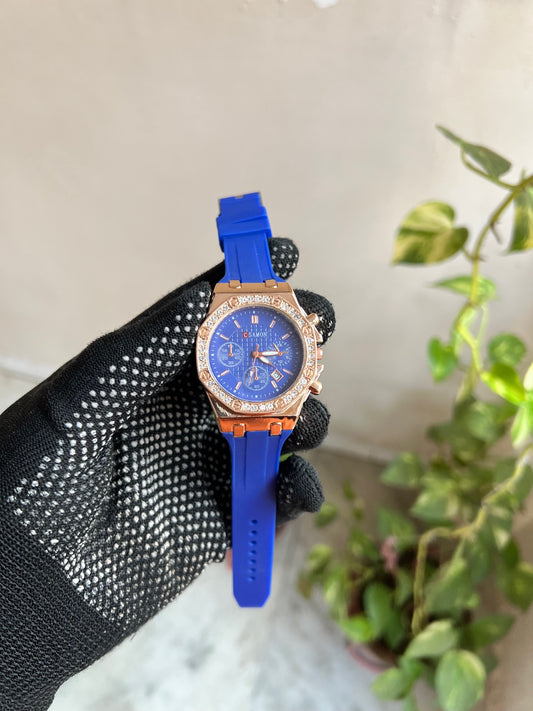 Blue  Silicone Plated Round Dial Date Analog Watch For Men
