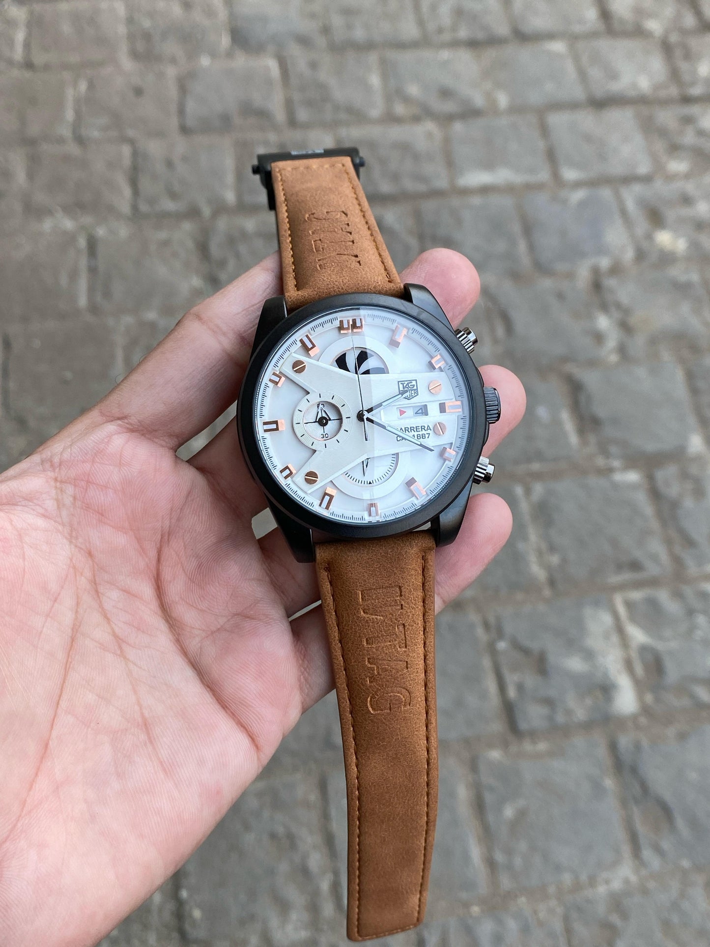 Broiwn And Black Case Premium Leather Strap CR7 Watch For Men