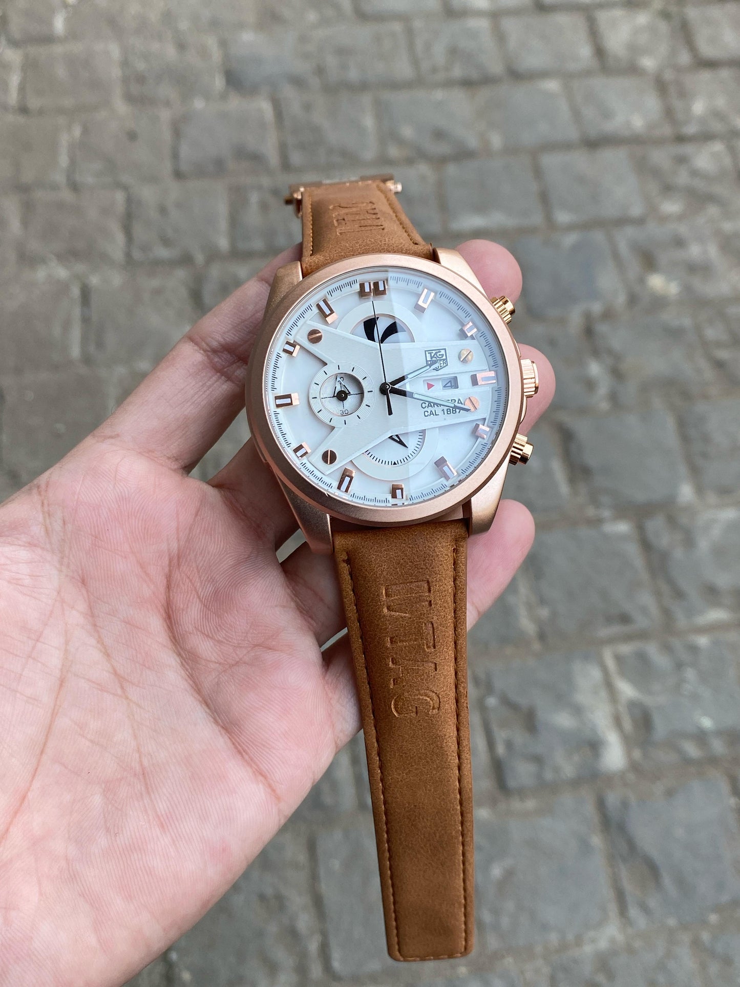 Brown Rose Gold Case Premium Leather Strap CR7 Watch For Men