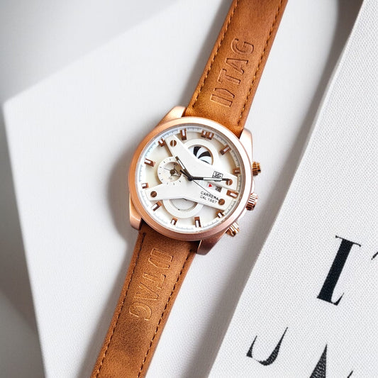 Brown Rose Gold Case Premium Leather Strap CR7 Watch For Men
