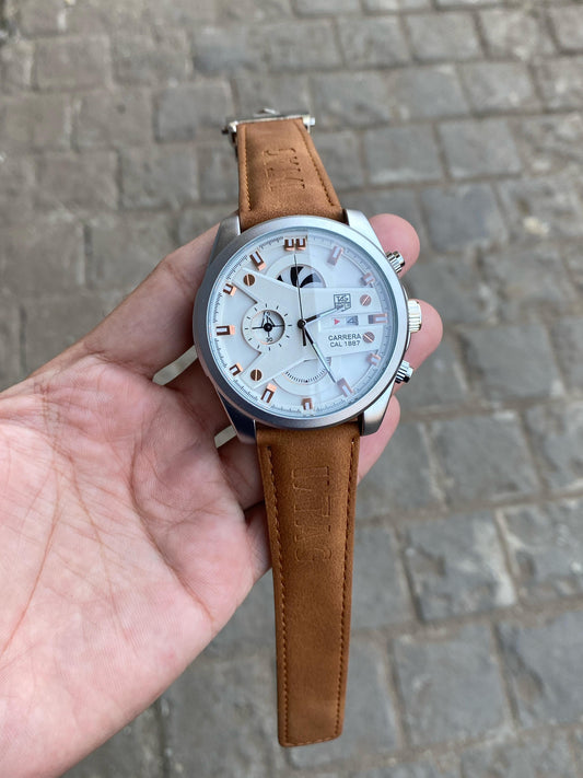 Brown Silver Case Premium Leather Strap CR7 Watch For Men