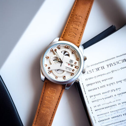 Brown Silver Case Premium Leather Strap CR7 Watch For Men