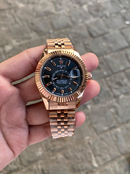 Copper Black Sky Dweller  Analog Dial Dual Tone Stainless Steel Luxurious Watch For Men