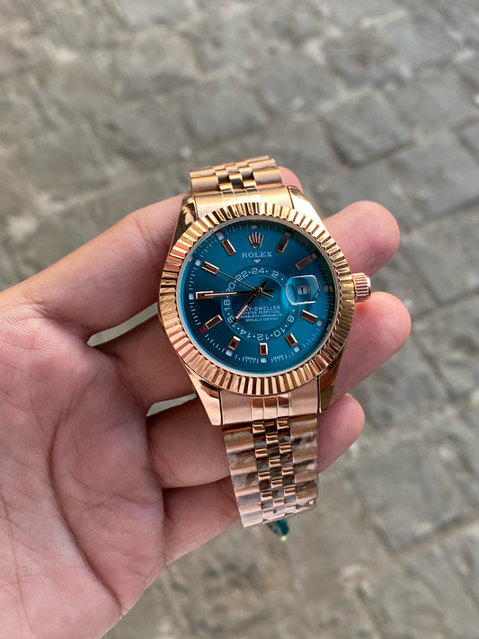 Copper Blue Sky Dweller  Analog Dial Dual Tone Stainless Steel Luxurious Watch For Men