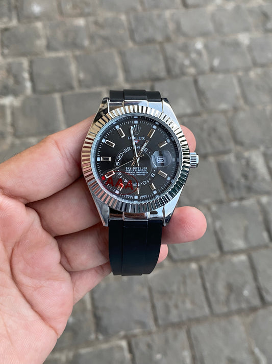 Silver Black Dial Rol__ex Sky Dweller Watch For Men