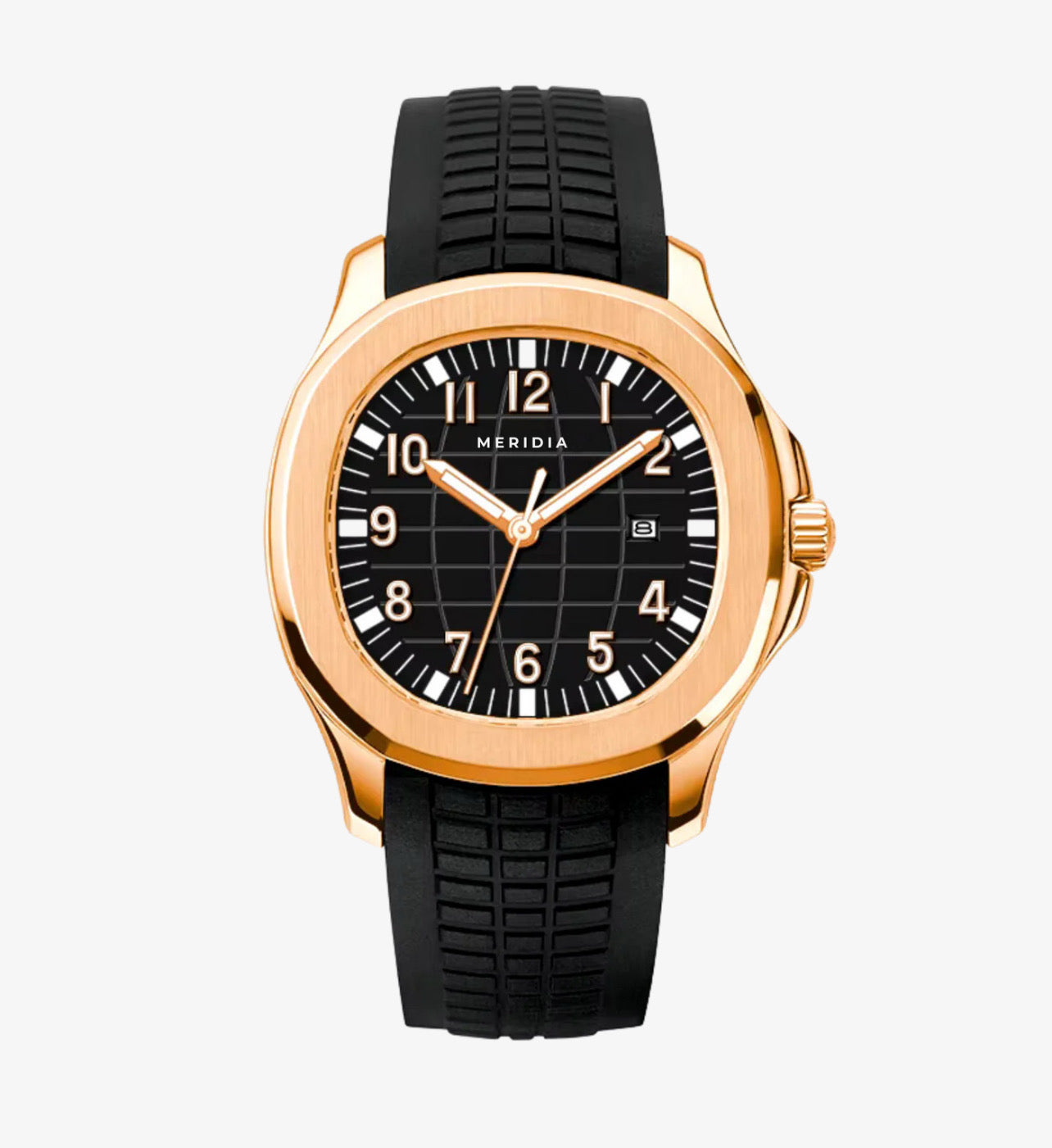 Rose Gold Silicone Black Plated Round Dial Date Analog Watch For Men