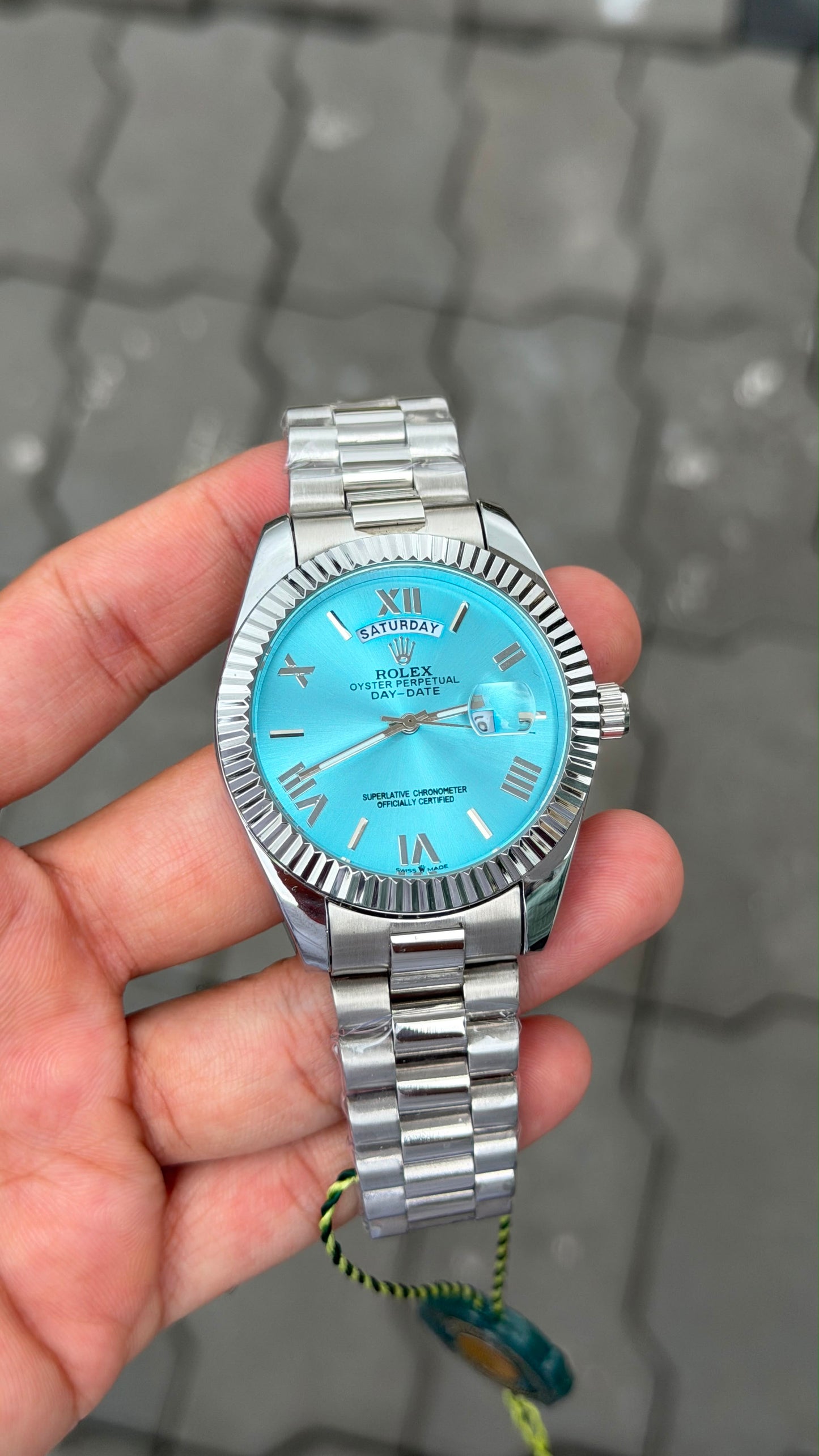 Silver Sky Blue Case Premium Stainless Steel Role_x Strap Day Date Watch For Men