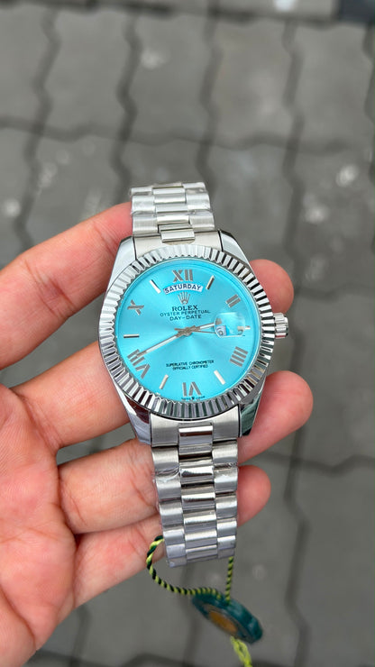 Silver Sky Blue Case Premium Stainless Steel Role_x Strap Day Date Watch For Men