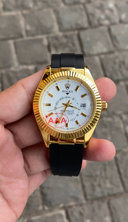 Gold White Dial Rol__ex Sky Dweller Watch For Men