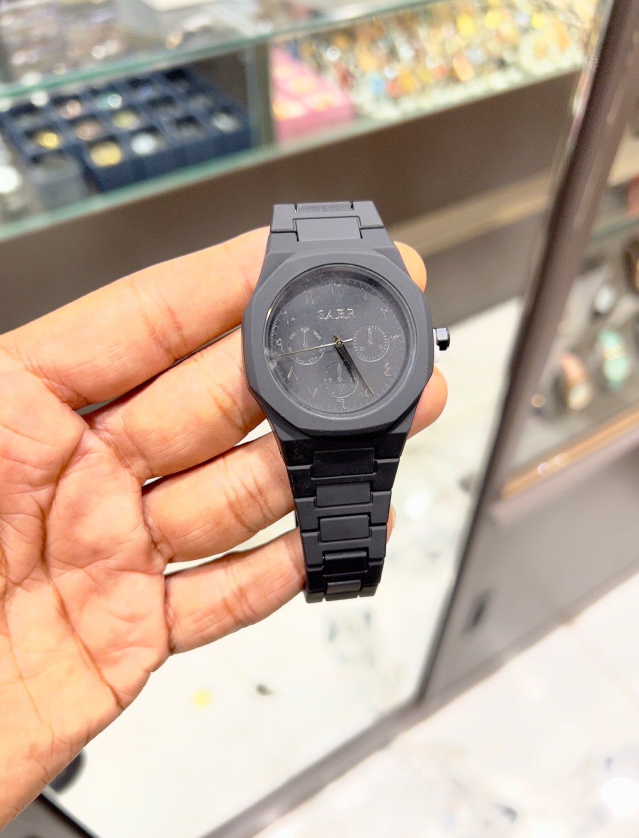 Full Black Plated Round Arbi Diamond Dial Day Date Analog Watch For Men