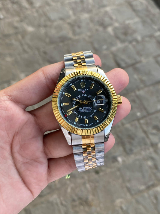 Gold  Black Sky Dweller  Analog Dial Dual Tone Stainless Steel Luxurious Watch For Men