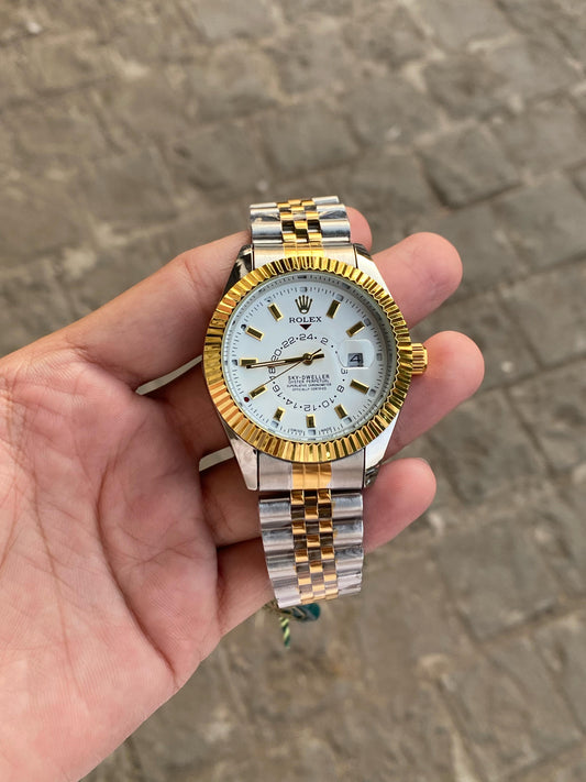 Gold  White Sky Dweller  Analog Dial Dual Tone Stainless Steel Luxurious Watch For Men