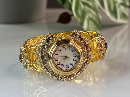 Gold Plated White Dail  Embedded Watch For Women And Girls