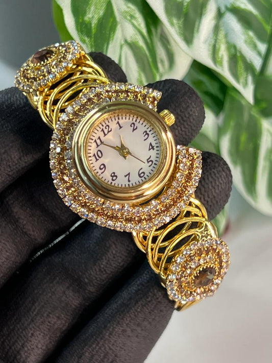 Gold Plated White Dail  Embedded Watch For Women And Girls