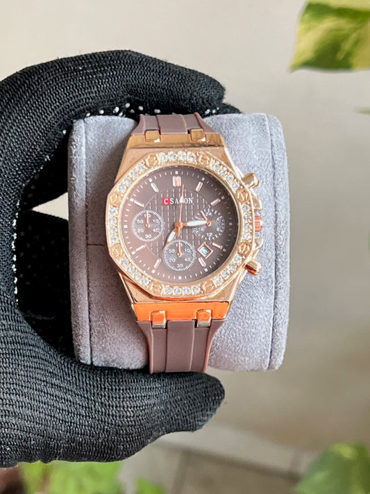 Greysilicone Brown Plated Round Dial Date Analog Watch For Men