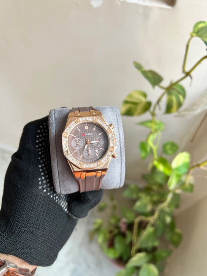 Greysilicone Brown Plated Round Dial Date Analog Watch For Men