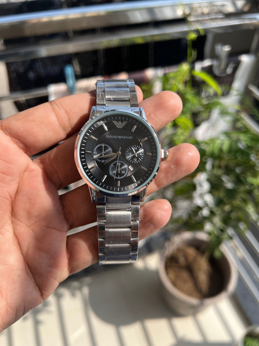 Silver Black Plated Round Dial Chronograph Design Analog Watch For Men