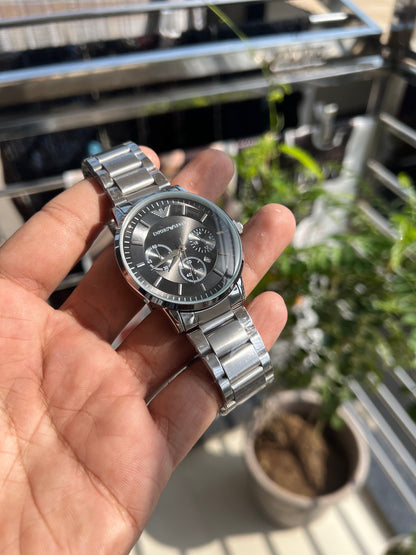 Silver Black Plated Round Dial Chronograph Design Analog Watch For Men