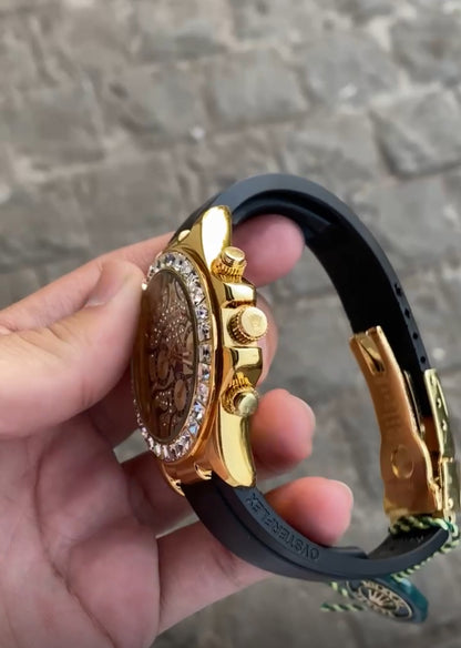 Black And Gold Case Silicon Strap Tiger Eye Watch For Men